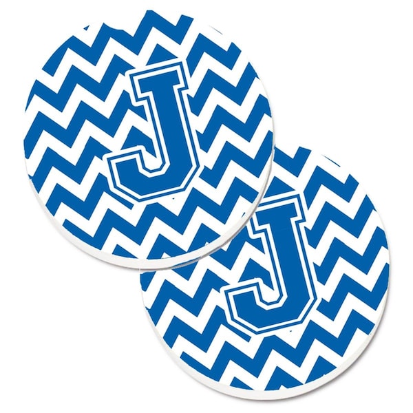 Carolines Treasures Letter J Chevron Blue and White Set of 2 Cup Holder Car Coaster CJ1056-JCARC - main